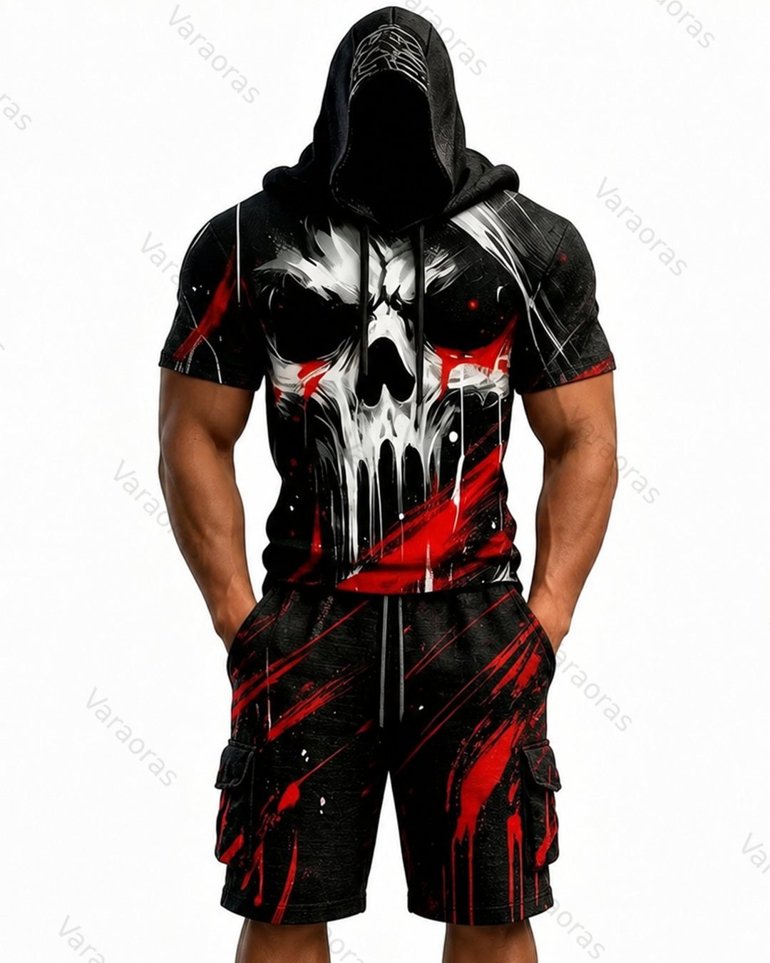 Men's Color-Block Skull-Embroidered Hoodie & Pants Two-Piece Set 6210