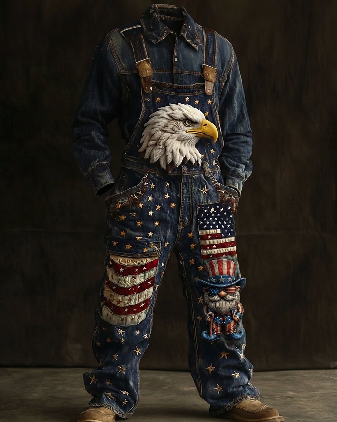 Men's Summer Outdoor Casual Independence Day 3D Embroidered Denim Jumpsuit Overalls & Top Two-Piece Set 1694