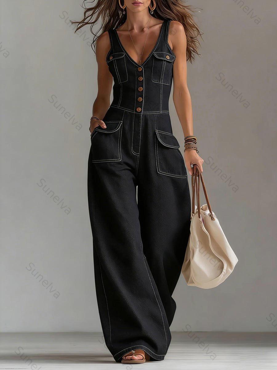 Women's Casual Denim Jumpsuit With Wide-leg Pants 104b