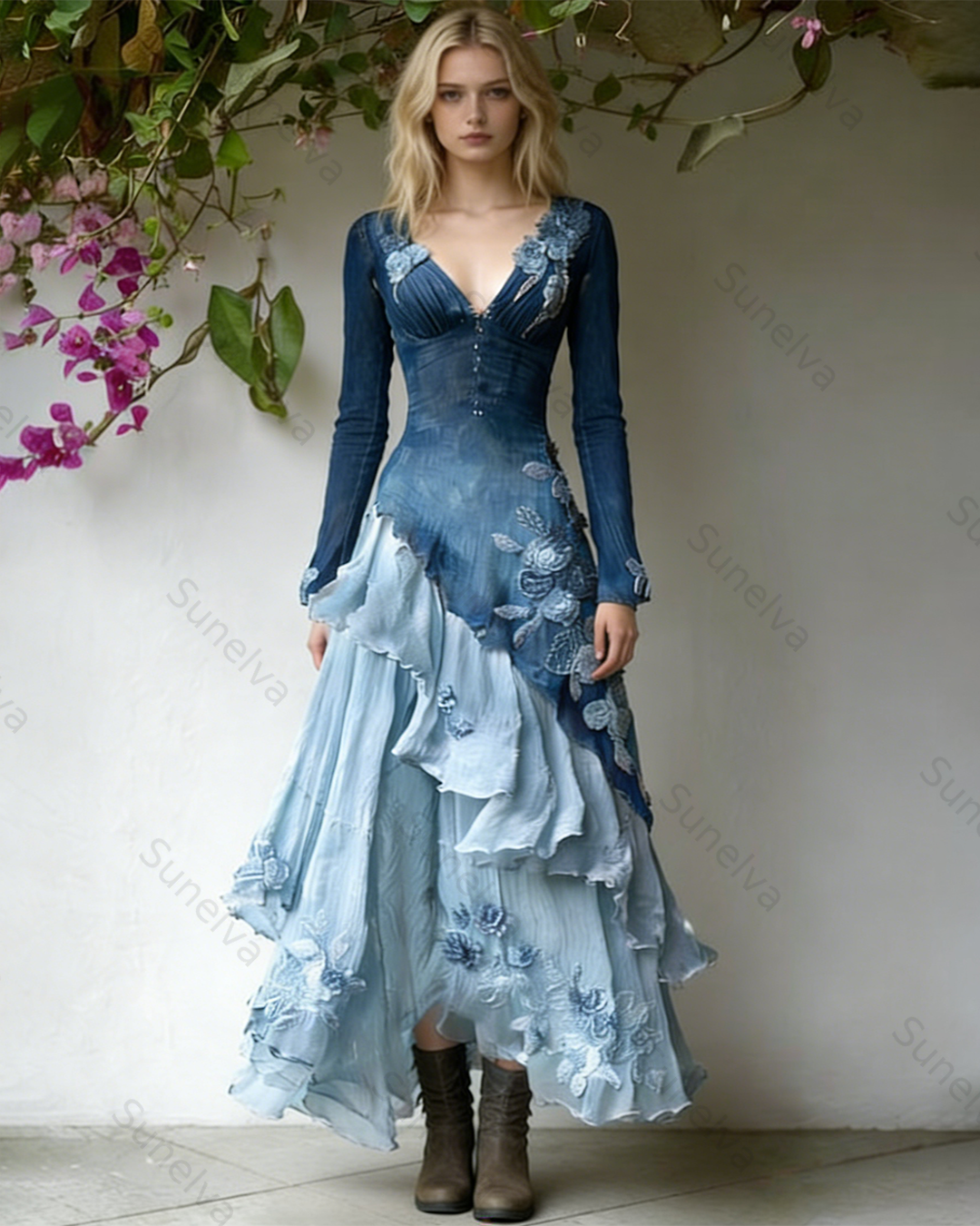 Women's Spring Elegant Flowers Irregular Ruffle Linen Dress 4547