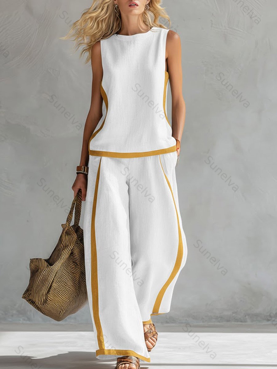 Women's Round Neck Sleeveless Casual Loose Top And High-waisted Loose Wide-leg Pants Cotton And Linen Set. 1c6a