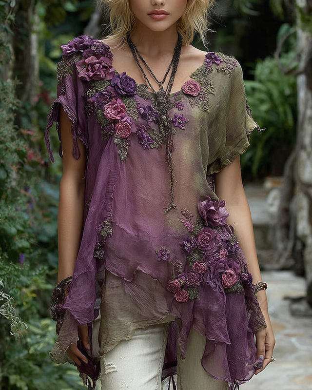 Women's Fashionable Floral Embroidered Asymmetrical Top 5226