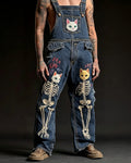 Men's Fashionable and Playful Color-Blocked Skull-Print Overalls 2107