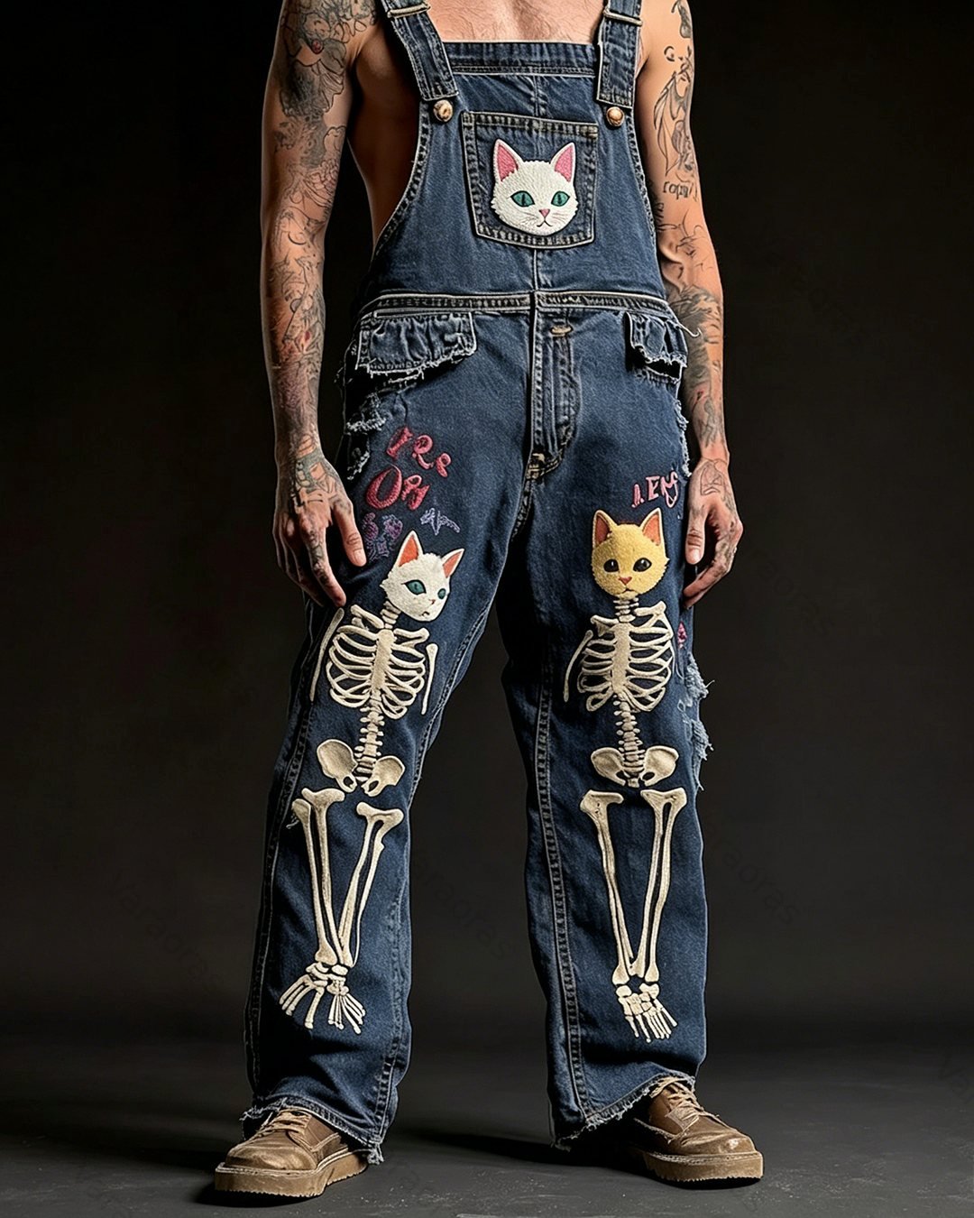 Men's Fashionable and Playful Color-Blocked Skull-Print Overalls 2107