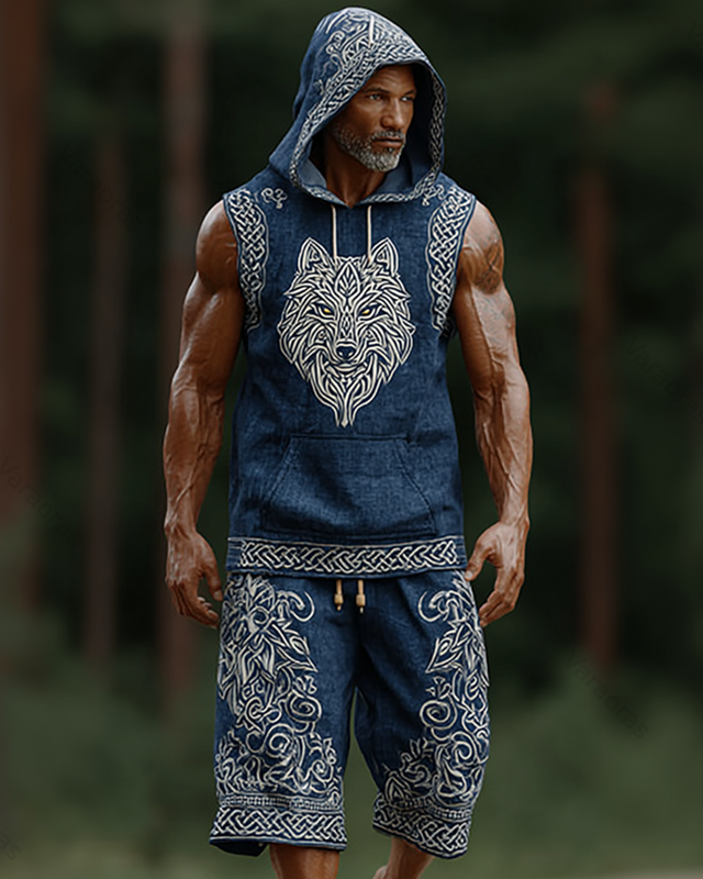 Men's Viking-Style Fashion Contrast-Color Embroidered Hooded Sleeveless Top & Shorts Two-Piece Set 2822