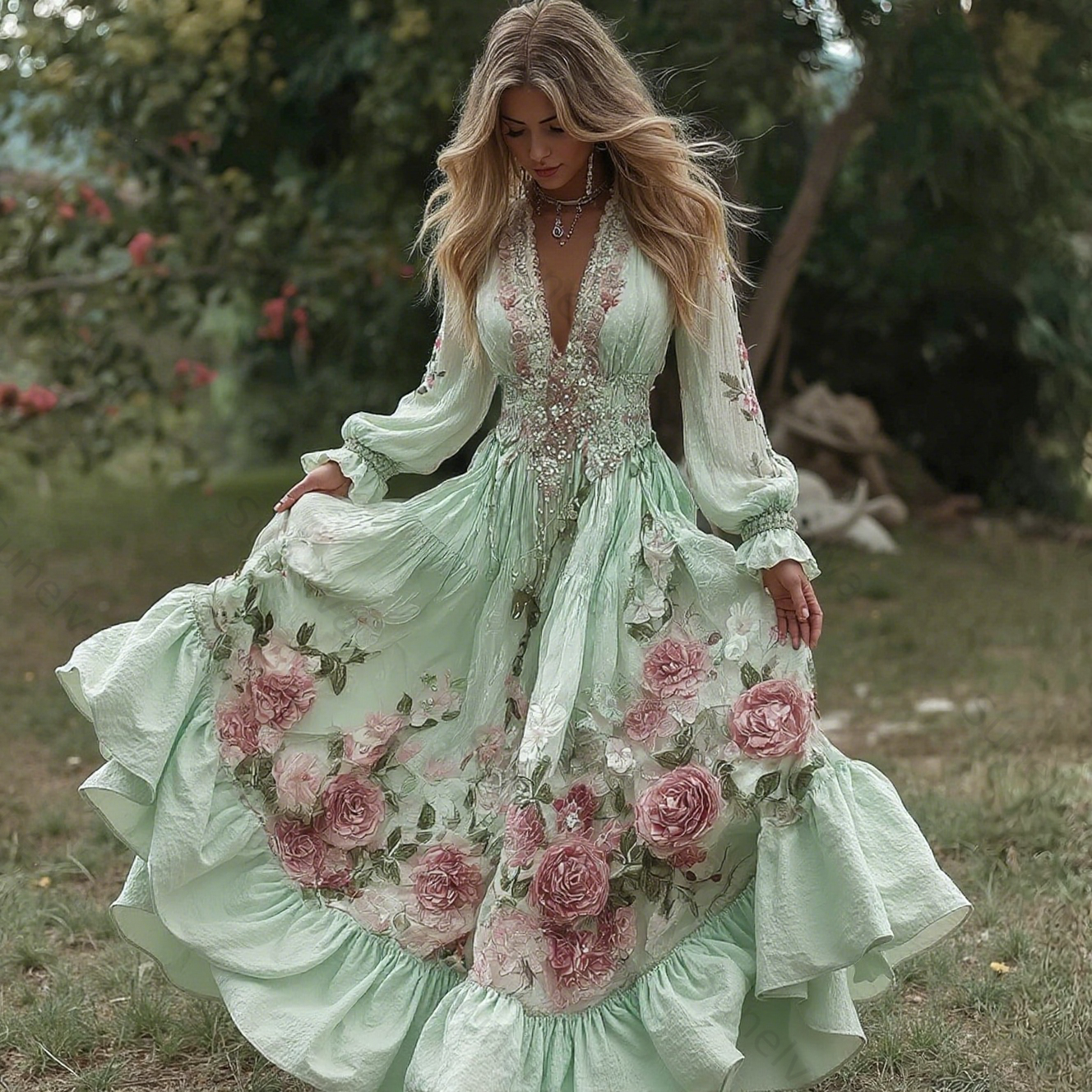 Comstylish Women's Vintage Roses Embroidery Art V-neck Long Sleeves Maxi Dress fb60