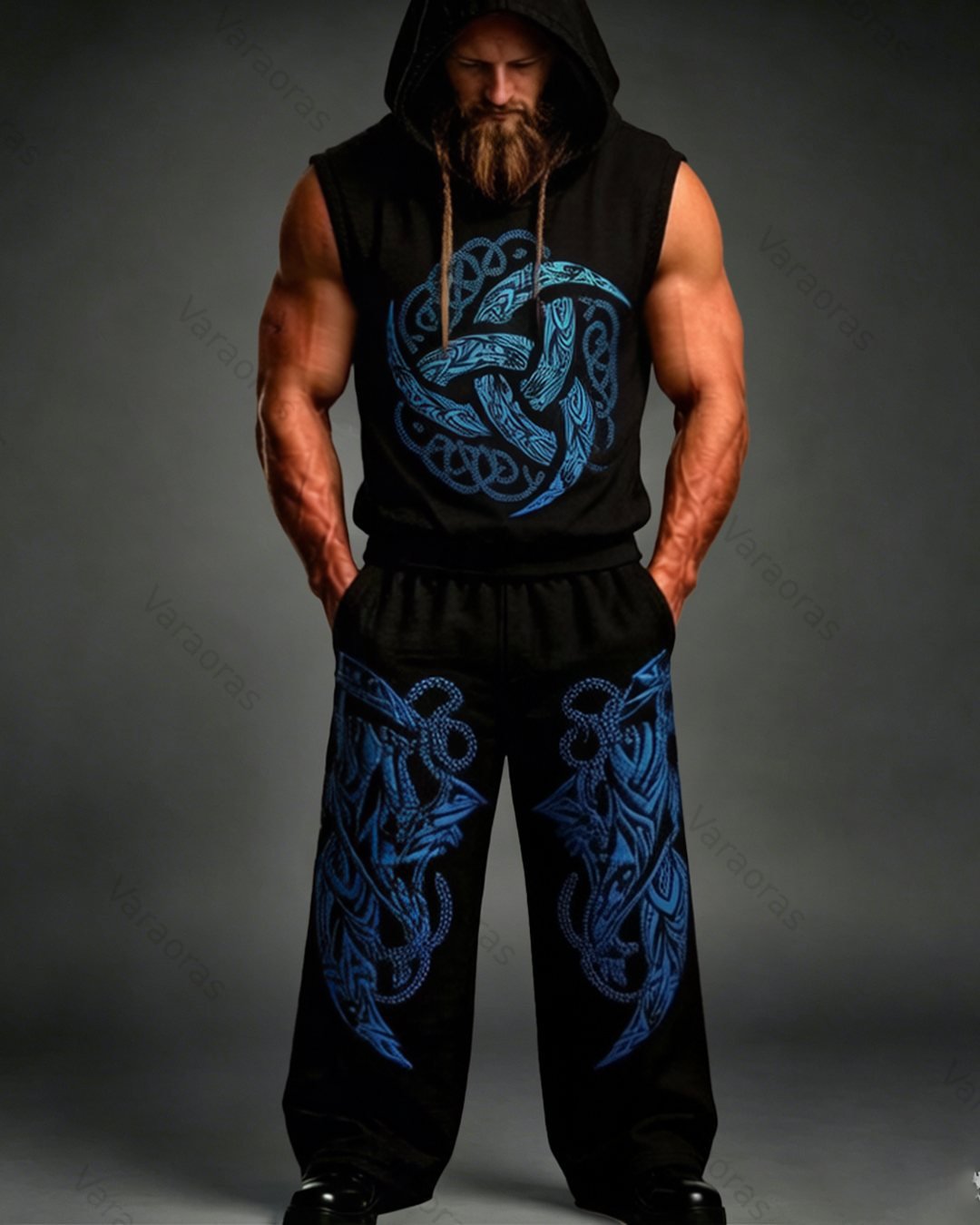 Men's Summer Fashion Viking Embroidered Cotton Linen Hooded Top and Pants Two-Piece Set 4937