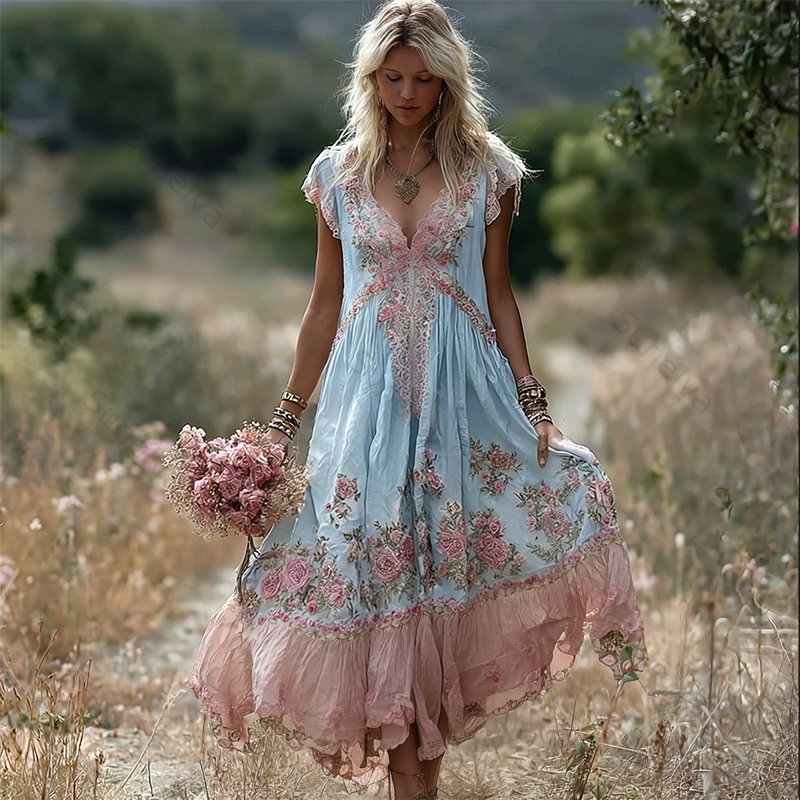 Boho Pink Floral Embroidered Lace Trim Flowy Linen Maxi Dress 1747