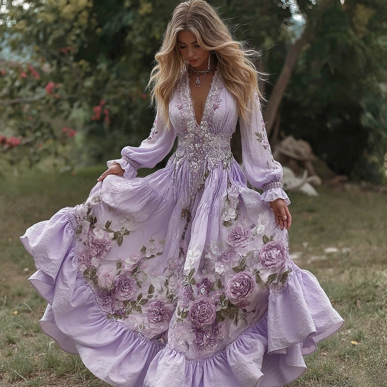 Comstylish Women's Vintage Roses Embroidery Art V-neck Long Sleeves Maxi Dress fb60