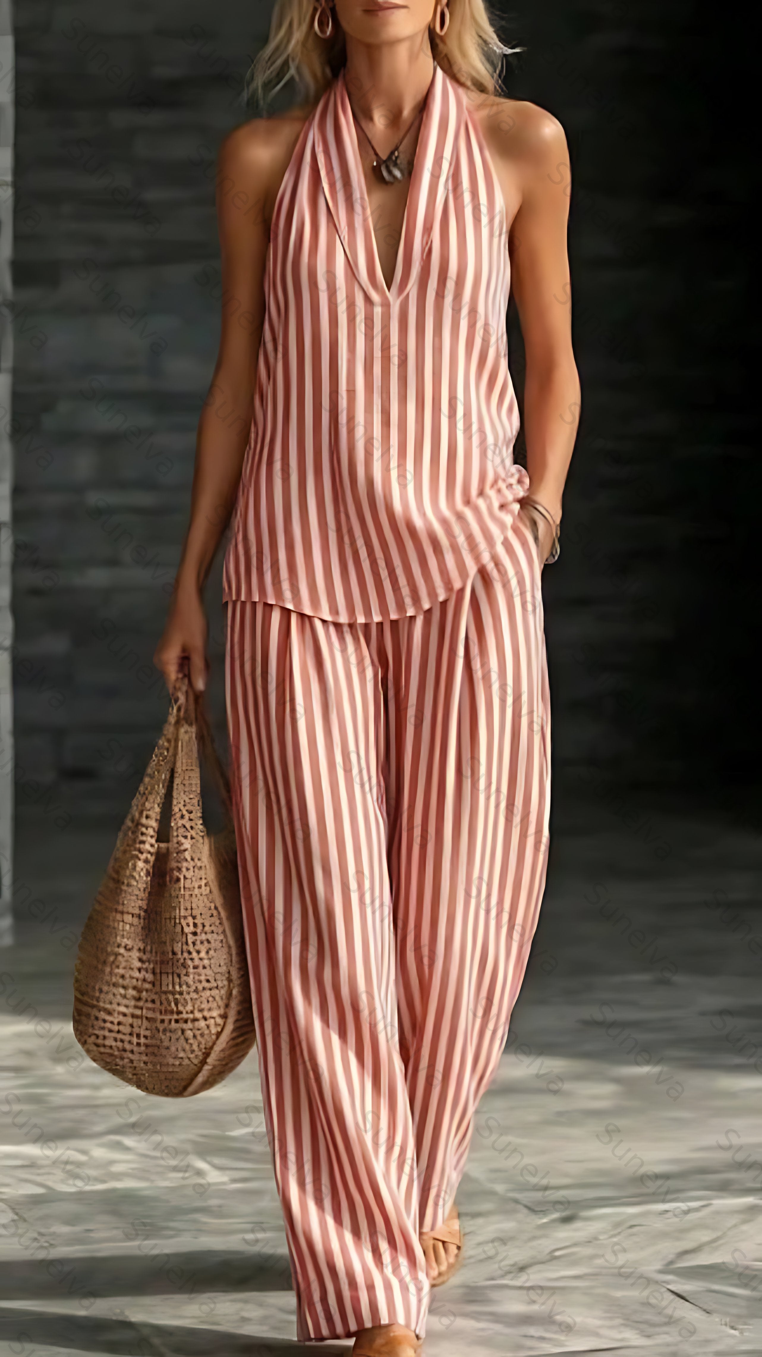 Women's Striped Cotton-Linen Set: Wide-Leg Pants & Halter Top 9604