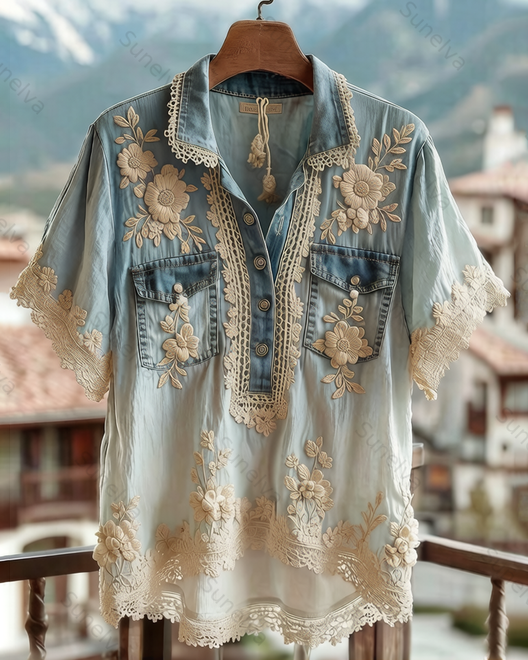 Women's Summer Floral Embroidered Patchwork Linen Shirt 4335
