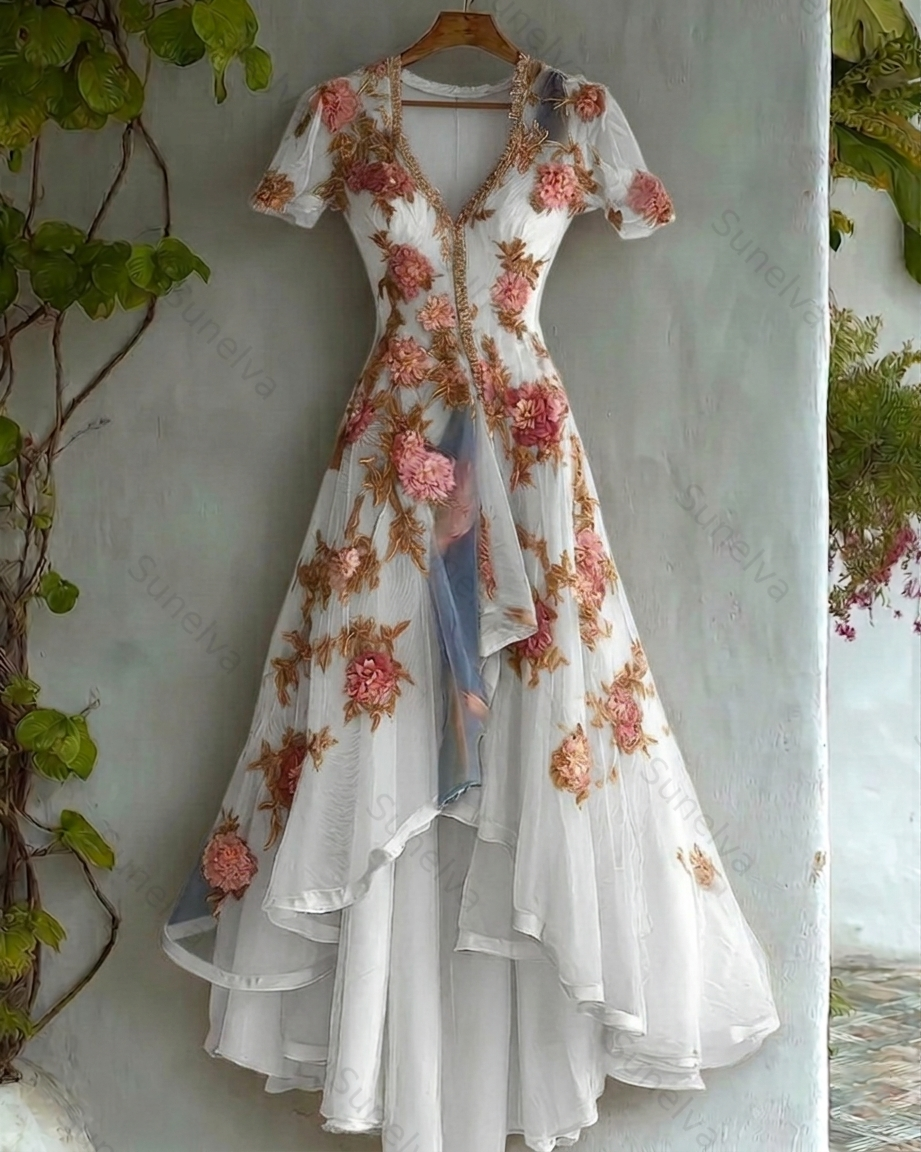 Women's Retro Elegant Gradient Flowers Irregular Ruffle Linen Dress