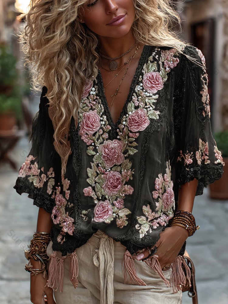 Women's Vintage Rose Embroidery Art Comfy Linen Shirts a266