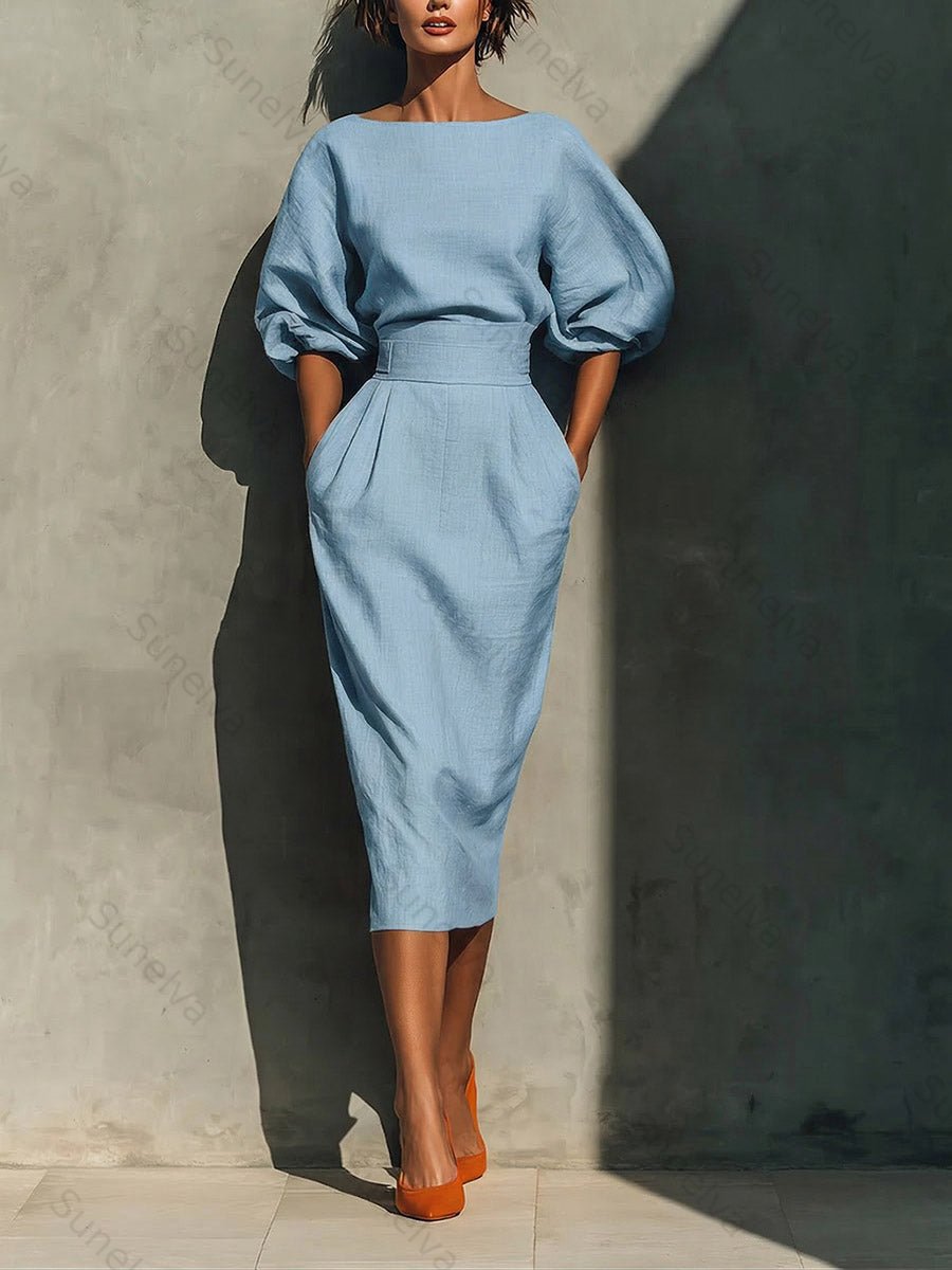 Women's Solid-color Round-neck 3/4-sleeve Loose Casual Top & High-waisted Pencil Skirt Cotton-linen Set e925