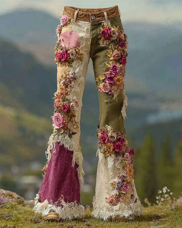 Women's Outdoor Fashion Spring Floral Embroidery Long-Sleeved Shirt & Pants Two-Piece Set  9424