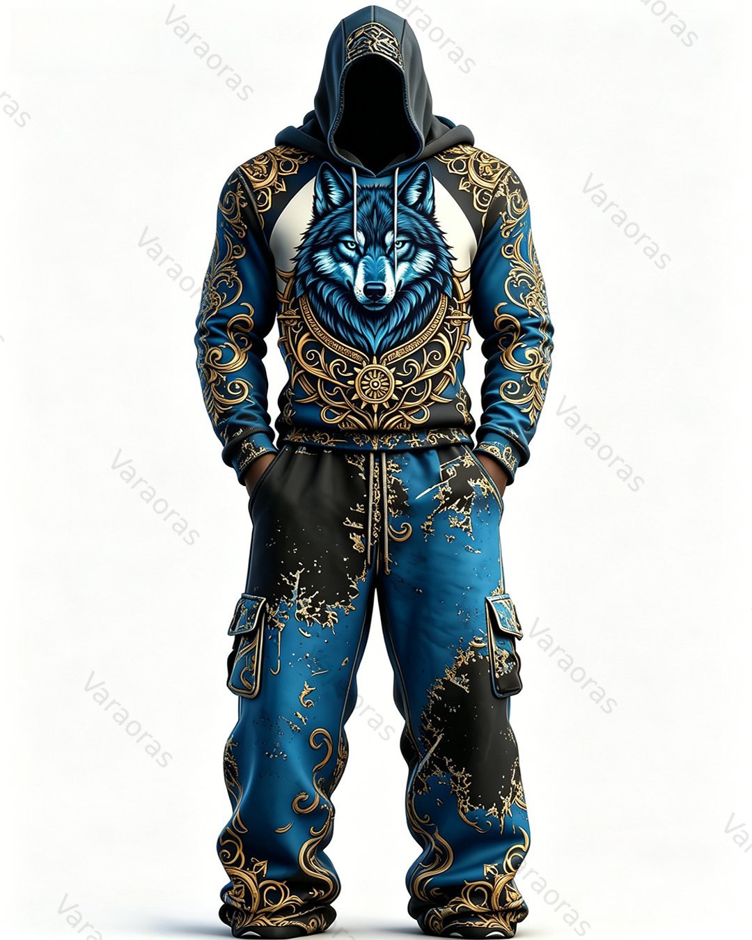 Men's Fashion Viking Contrast Color Wolf Embroidered Hoodie & Pants Two-Piece Set 2222