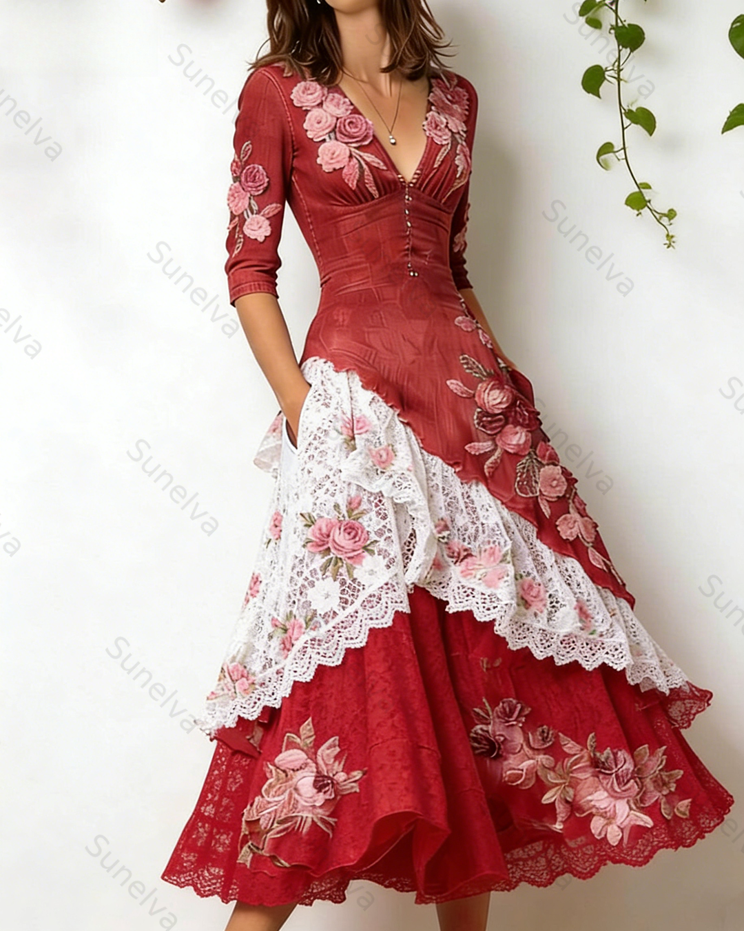 Women's Vacation Irregular Ruffle Flowers Embroidery Dress 3439