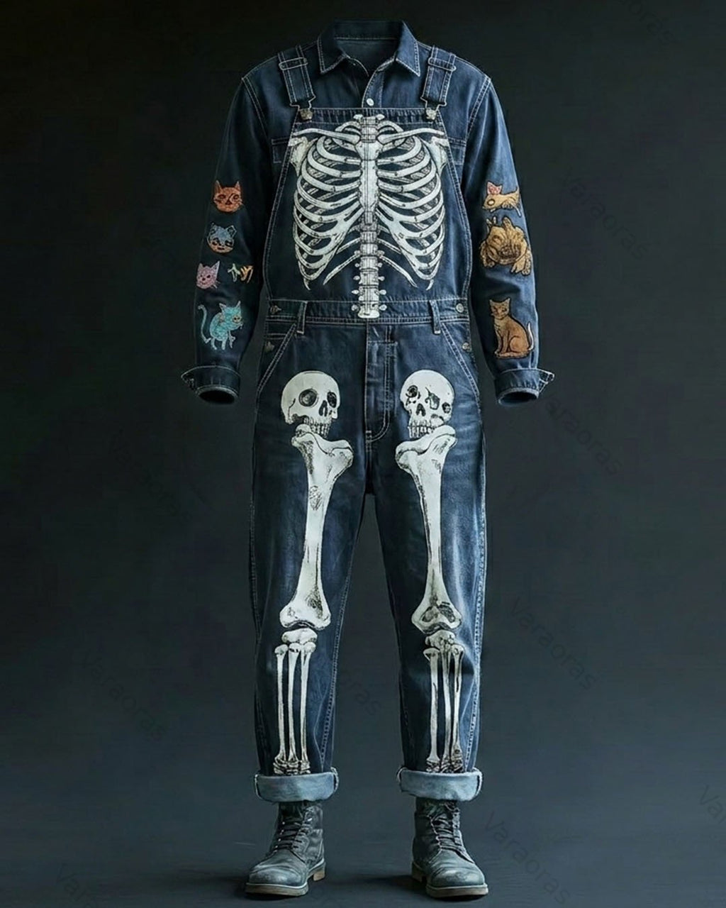Men's Fashionable and Playful Color-Blocked Skull-Print Overalls 8350