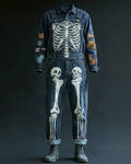 Men's Fashionable and Playful Color-Blocked Skull-Print Overalls 8350