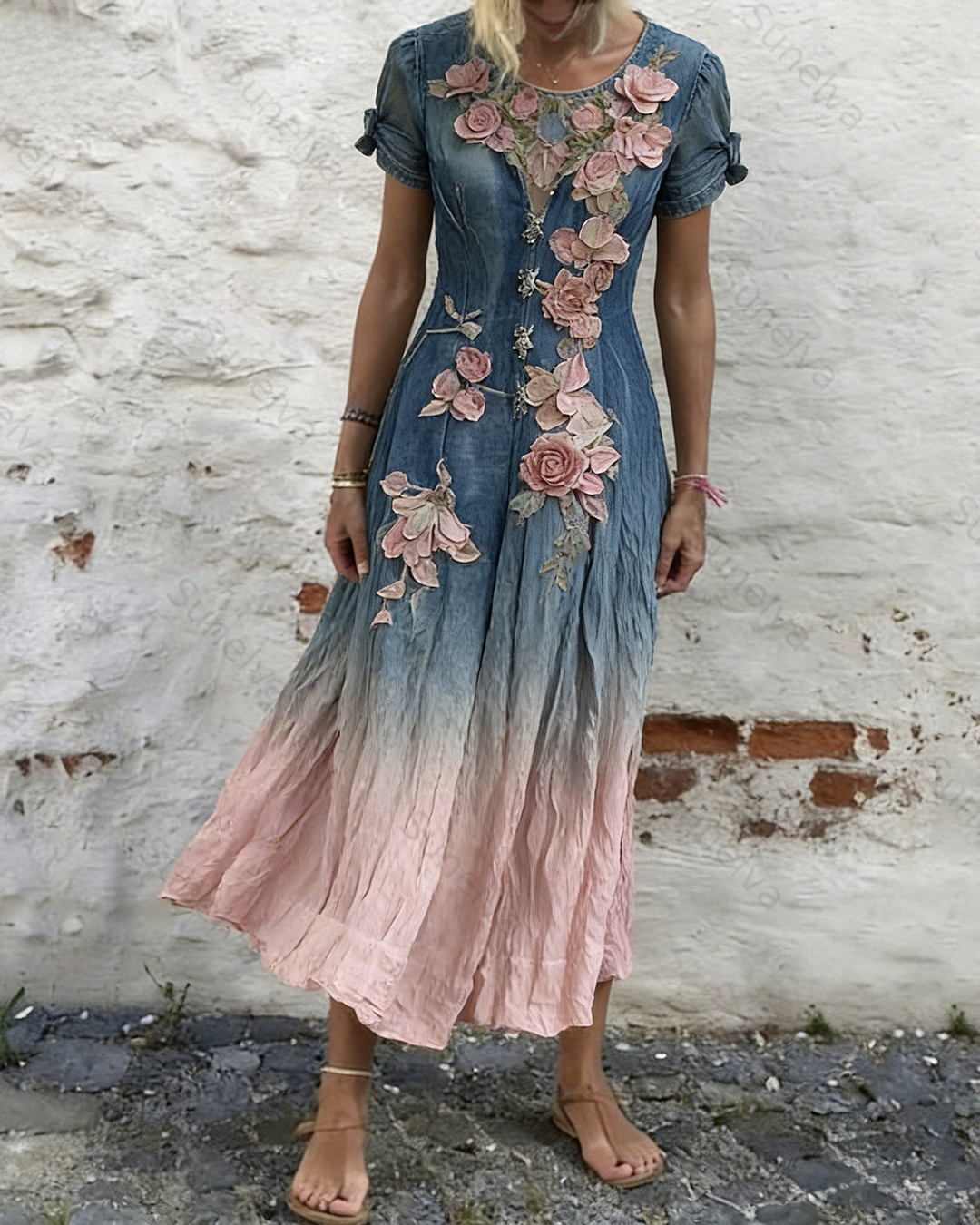 Women's Vacation Gradient Flowers Embroidery Short-sleeved Dress 8704