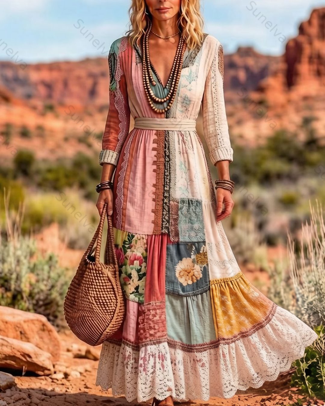 Women's Summer Floral Embroidery Patchwork Linen Dress  4163
