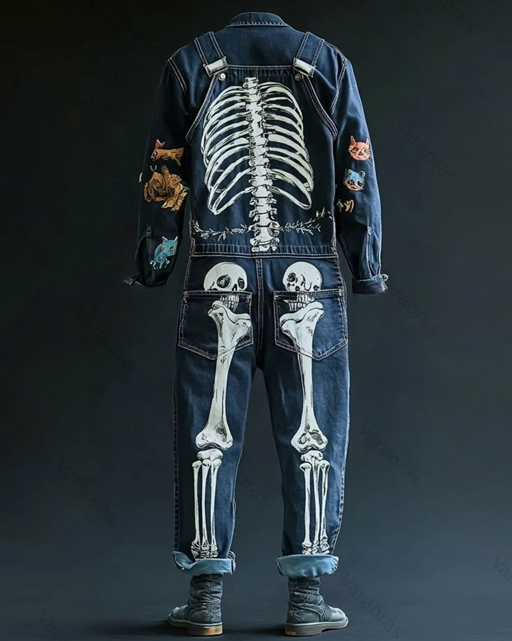 Men's Fashionable and Playful Color-Blocked Skull-Print Overalls 8350