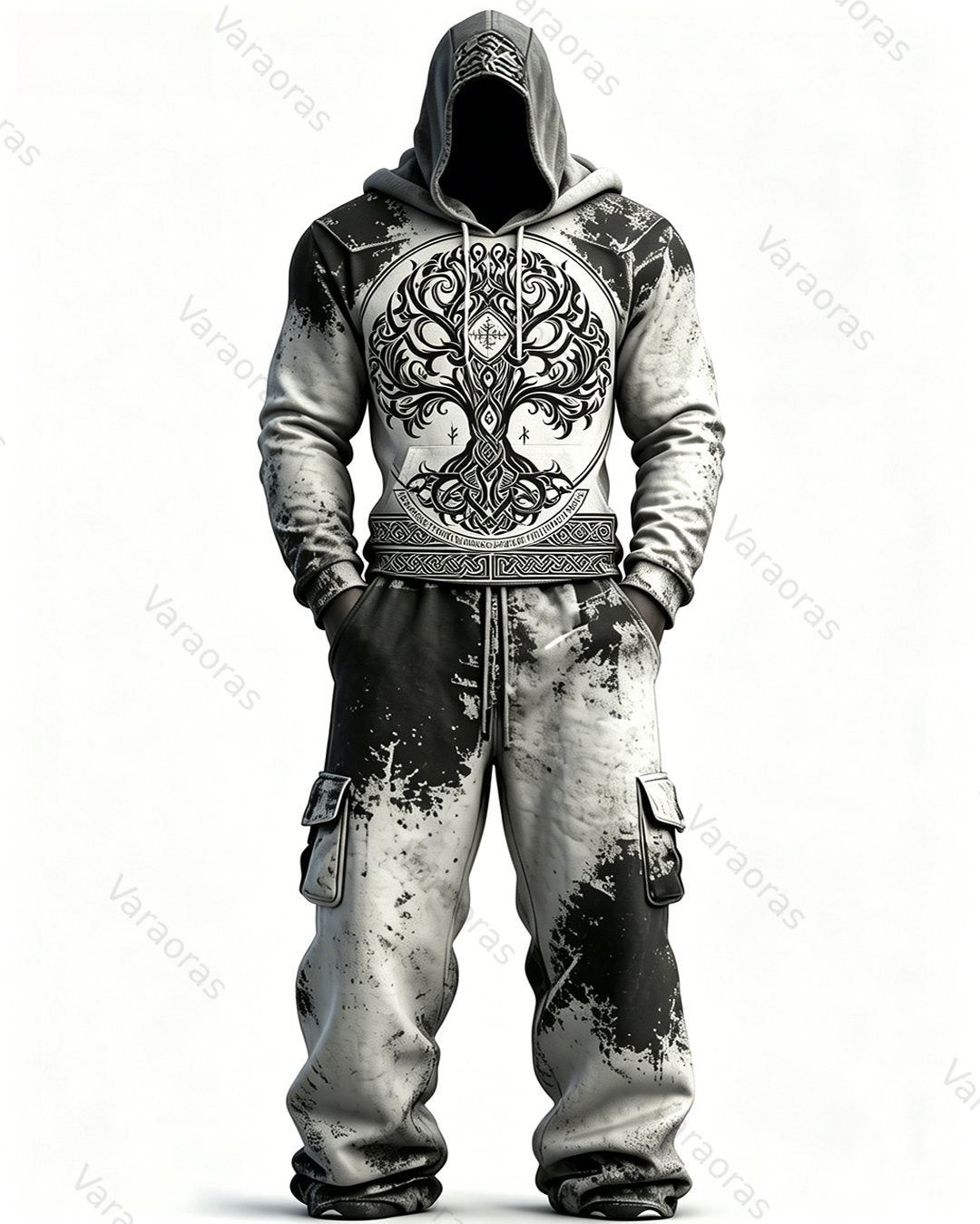 Men's Fashion Viking Tree of Life Embroidered Hoodie & Pants Two-Piece Set 4415