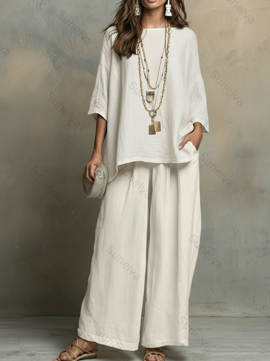 Cozy Cotton-linen Irregular Top And Wide-leg Pants Two-piece Set 95ff