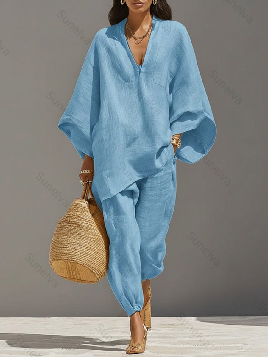 Women's Solid Color V-neck Long Sleeve Casual Loose Cotton Linen Top With Elastic Waist And Wide-leg Pants Set 4aad