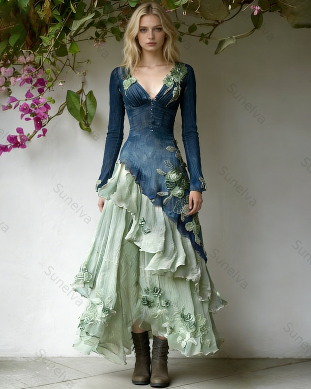 Women's Spring Elegant Flowers Irregular Ruffle Linen Dress 4547