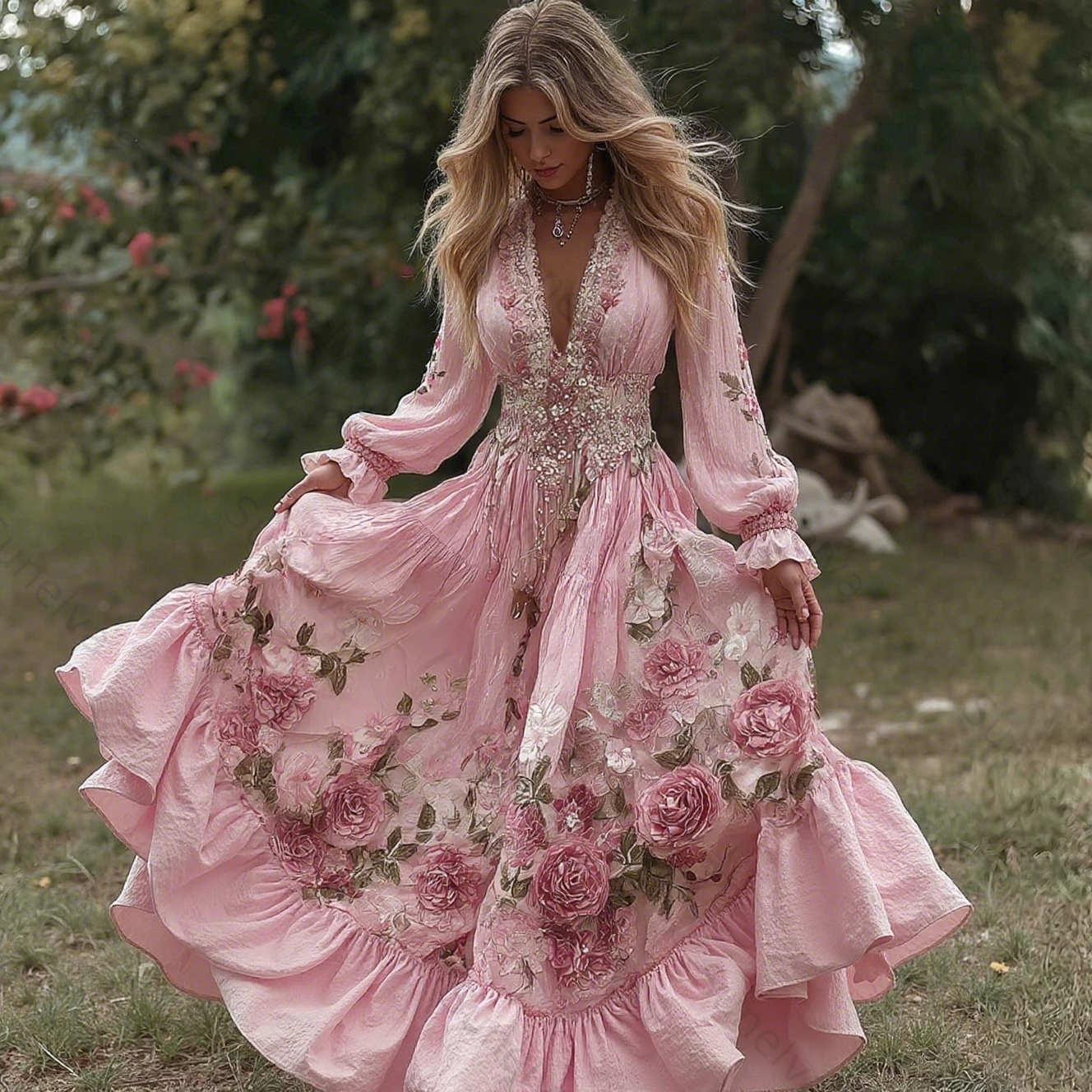 Comstylish Women's Vintage Roses Embroidery Art V-neck Long Sleeves Maxi Dress fb60