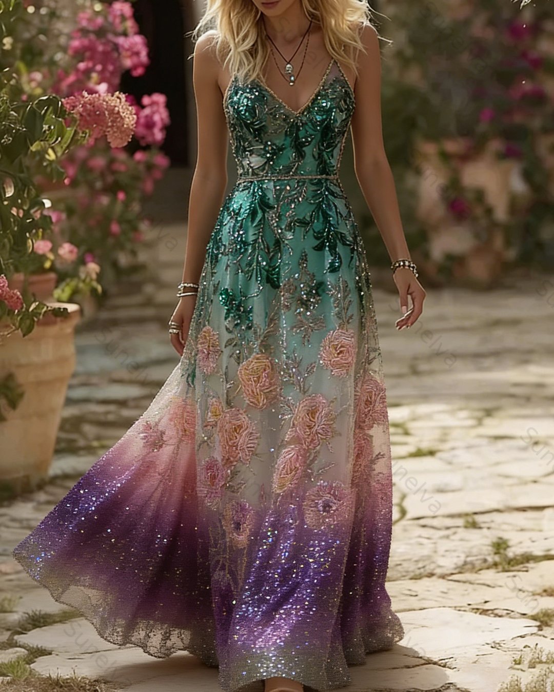 Women's Retro Bohemian Style Floral Embroidery Flowy Linen Maxi Dress  3502