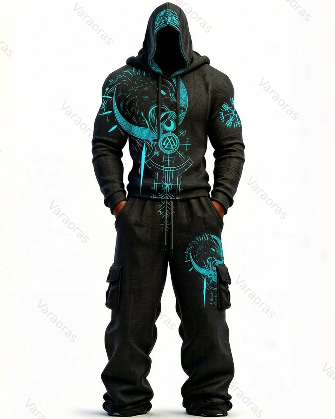 Men's Fashion Viking Contrast Color Embroidered Hoodie & Pants Two-Piece Set 9441