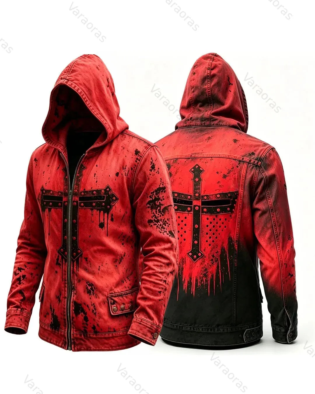 Men's Retro Fashion Red Cross Print Cotton Linen Hooded Zipper Jacket 5139