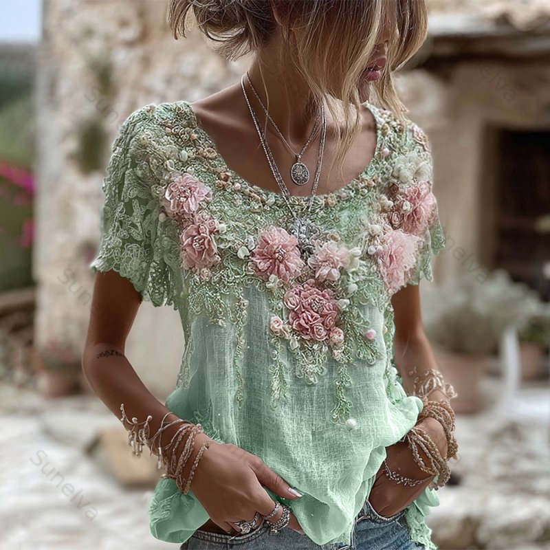 Women's Pink Rose Embroidery Art Round Neck Short Sleeve Linen Blend T-shirt 29bd