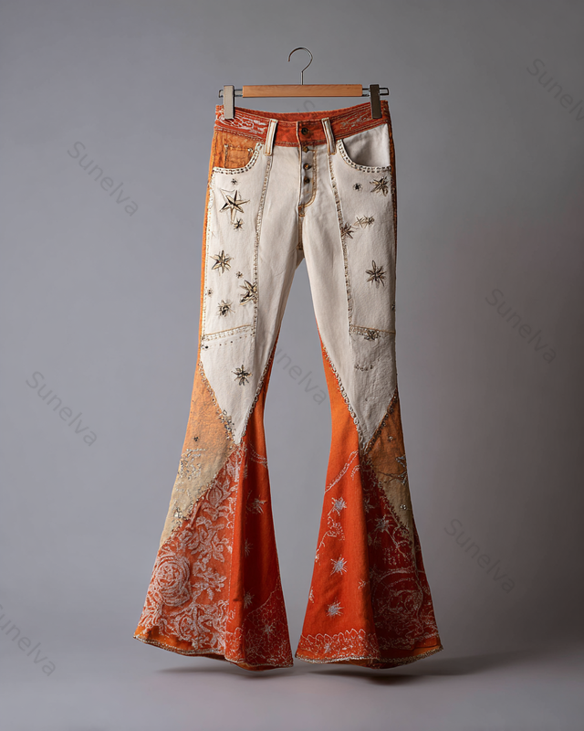Spring/Summer Color Block Denim Linen Flared Pants8209