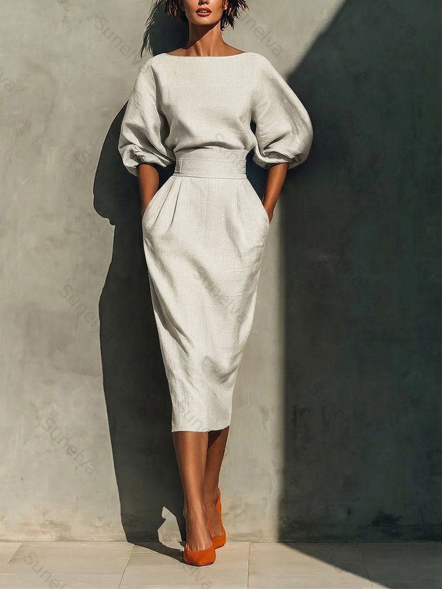 Women's Solid-color Round-neck 3/4-sleeve Loose Casual Top & High-waisted Pencil Skirt Cotton-linen Set e925