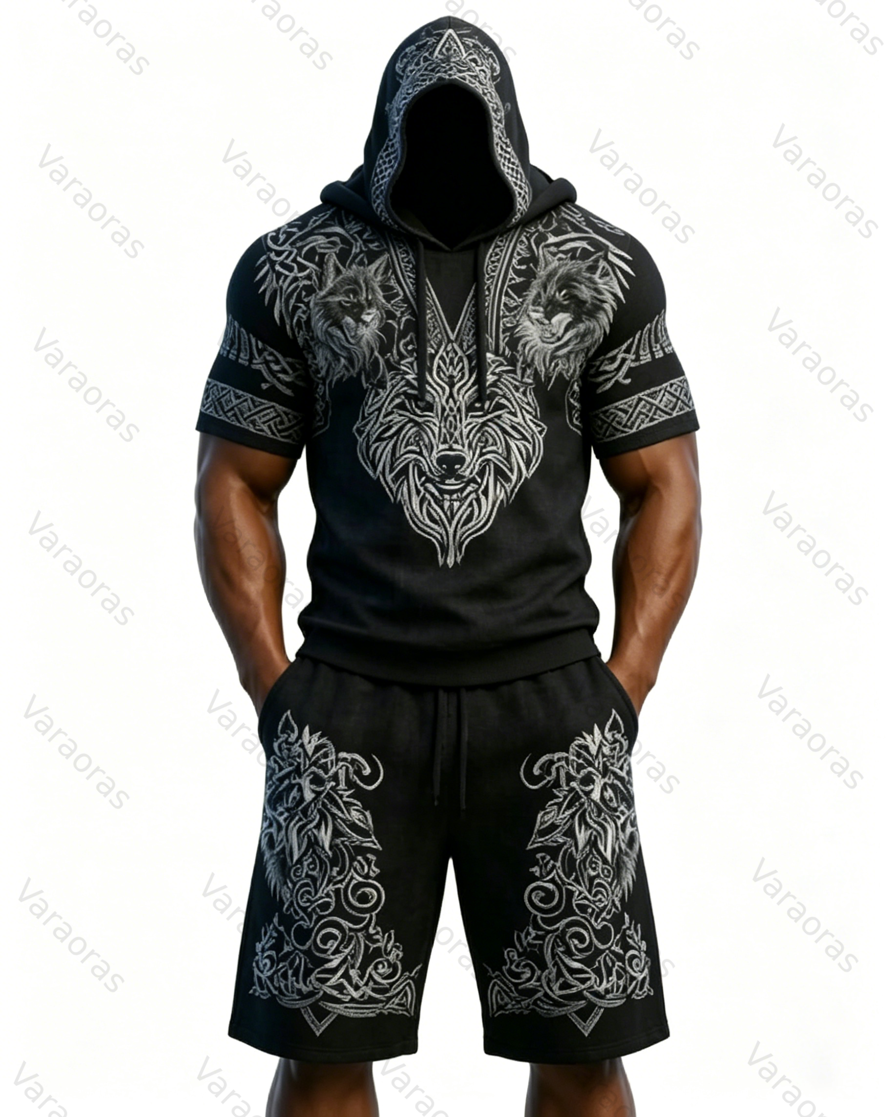 Men's Spring Viking Embroidered Hoodie and Pants Two-Piece Set   1901