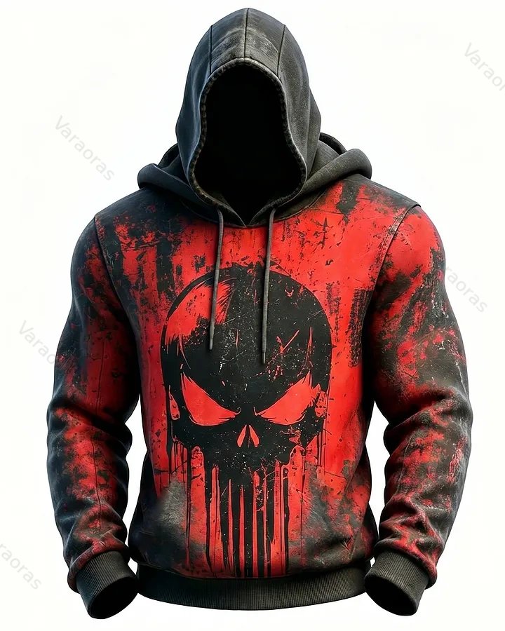 Men's Fashion Vintage Contrast Color Skull Embroidered Hoodie & Pants Two-Piece Set 5721