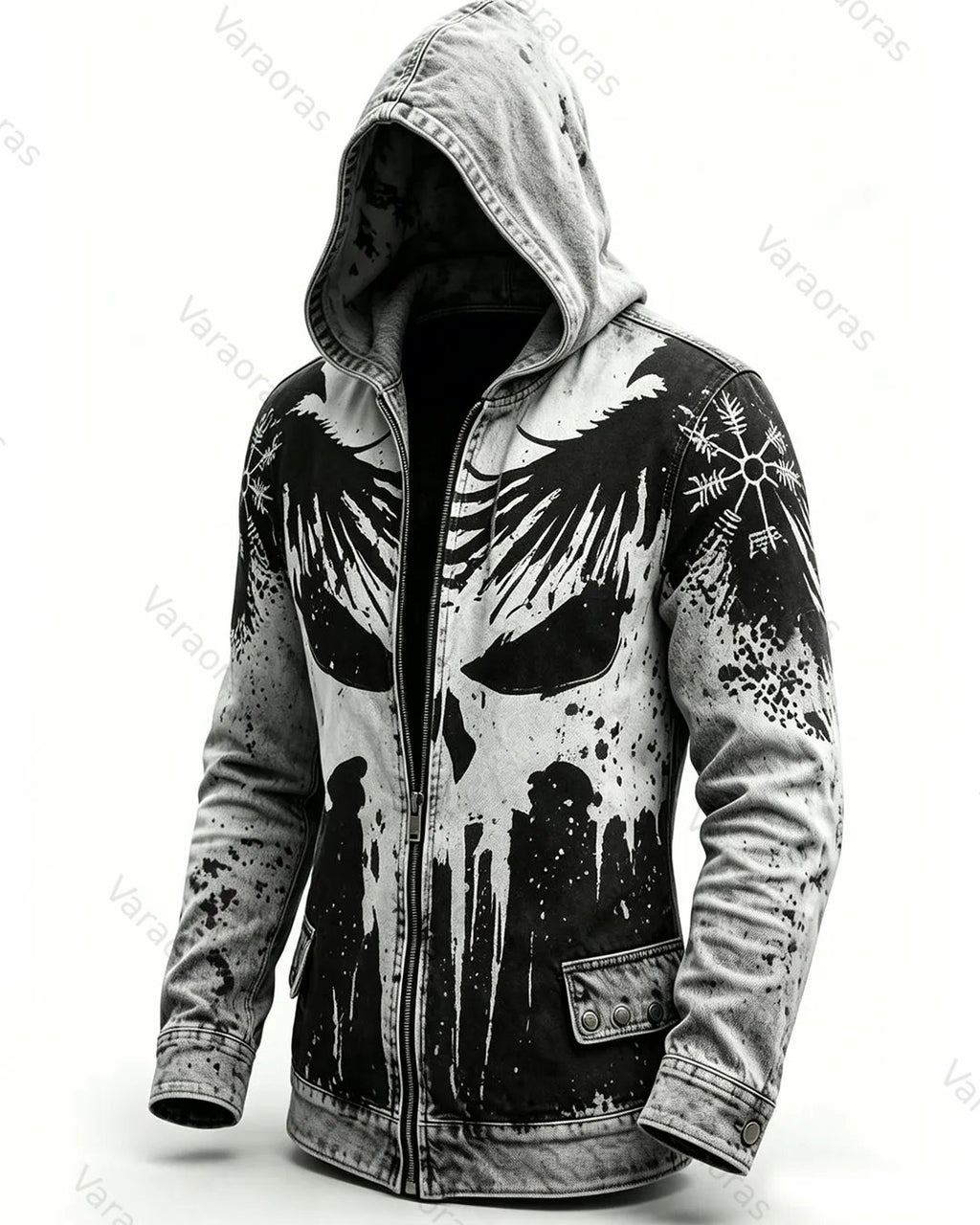 Men's Retro Fashion Skull Print Tie-Dye Cotton Linen Hooded Zip-Up Jacket 5417