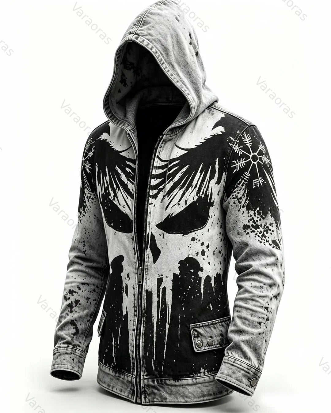 Men's Retro Fashion Skull Print Tie-Dye Cotton Linen Hooded Zip-Up Jacket 5417