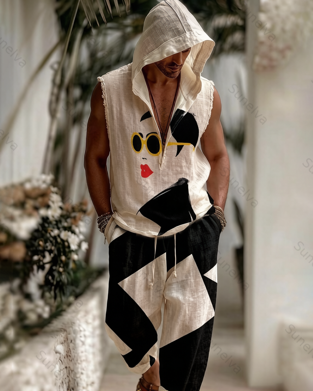 Men's Fashion Color-Blocked Printed Sleeveless Hooded Sweatshirt and Pants Two-Piece Set 4900