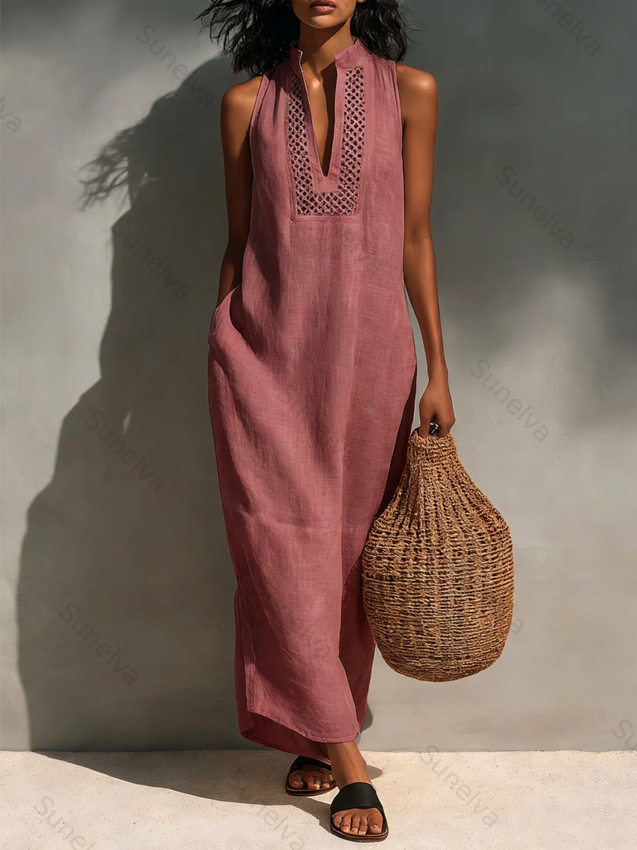 Women's Minimalist Sleeveless Maxi Dress With Cutout Neckline 7775