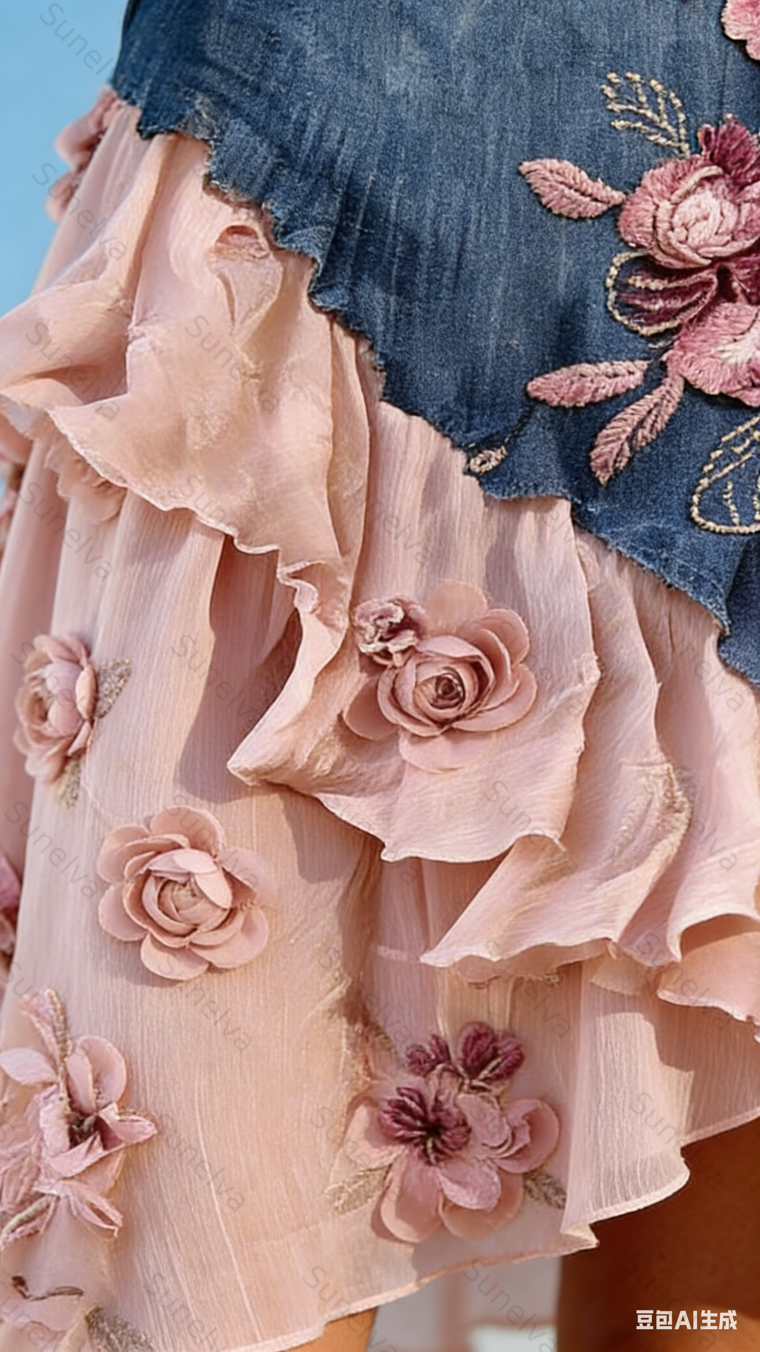 Women's Summer Flowers Embroidery Irregular Ruffle Linen Patchwork Dress 1291
