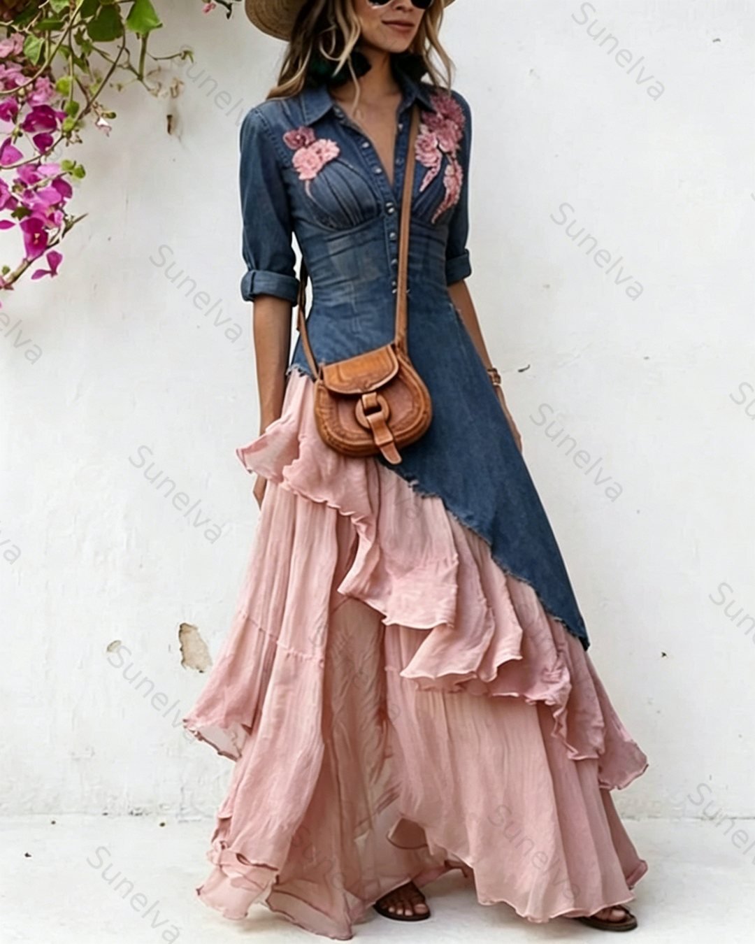 Women's Summer Contrast Patchwork Irregular Ruffle Floral Embroidered Dress 9203