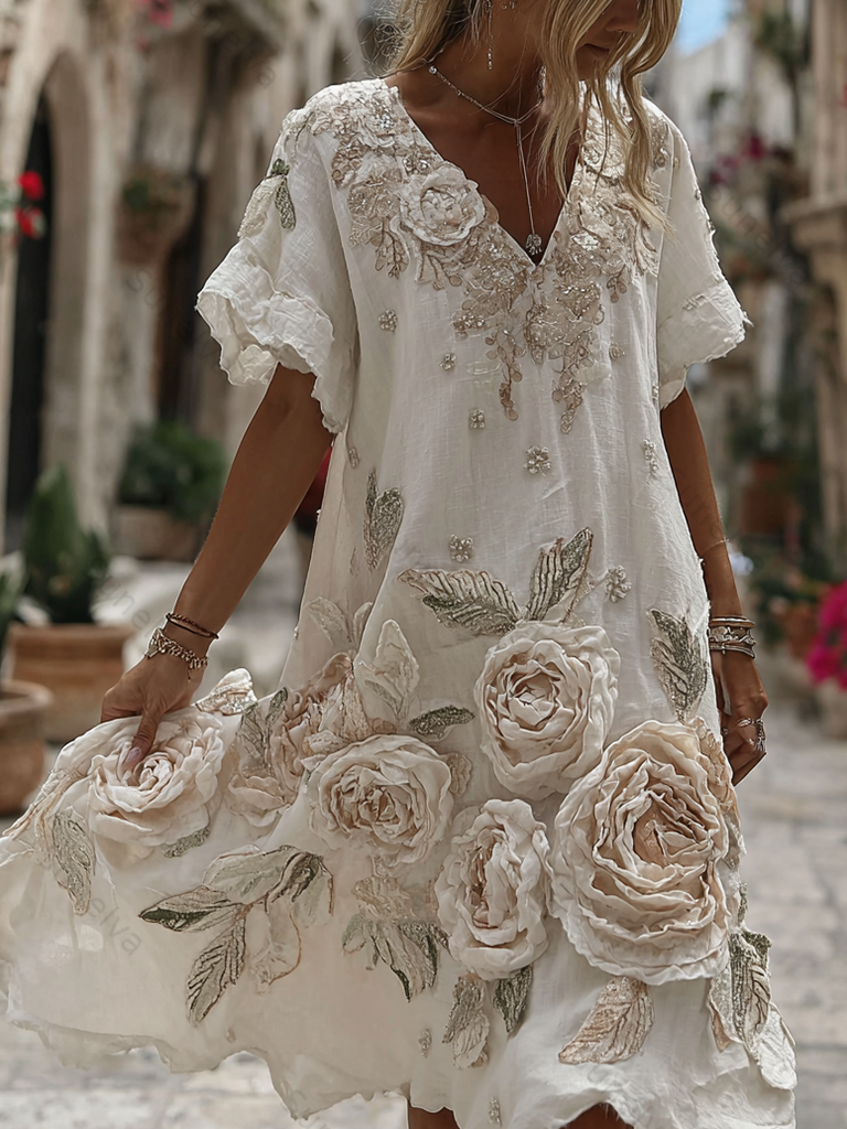 Women's Vintage Roses Art Print Flowy Linen Blend Casual Midi Dress 7c1f