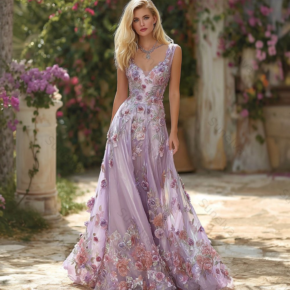 Purple Roses Embroidered V Neck Flowy Maxi Tank Dress ee23