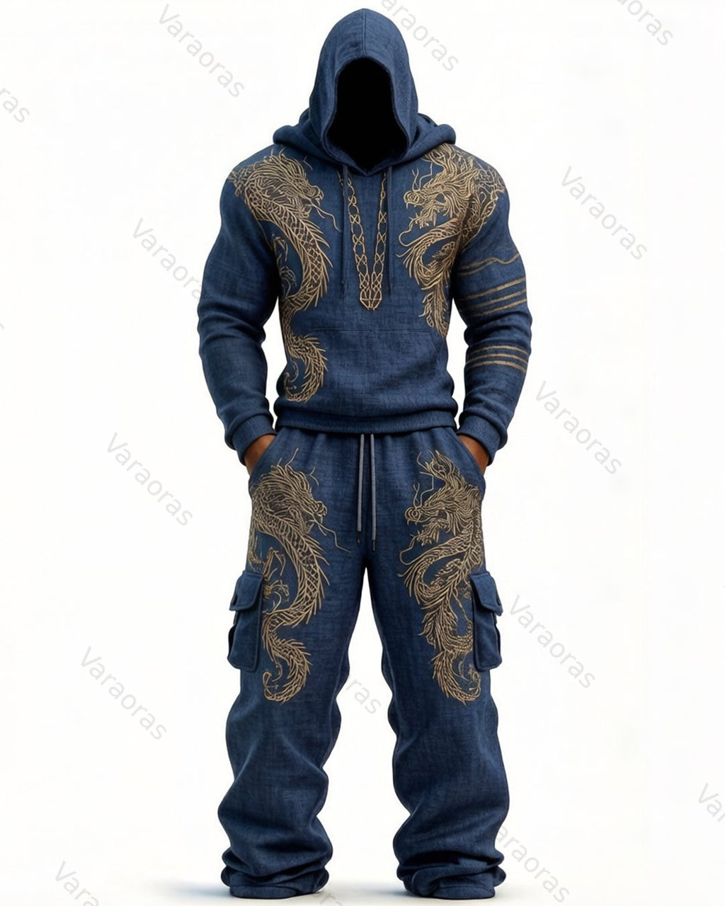 Men's Fashion Viking Contrast Color Embroidered Hoodie & Pants Two-Piece Set 8651
