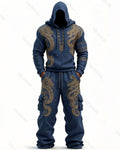 Men's Fashion Viking Contrast Color Embroidered Hoodie & Pants Two-Piece Set 8651