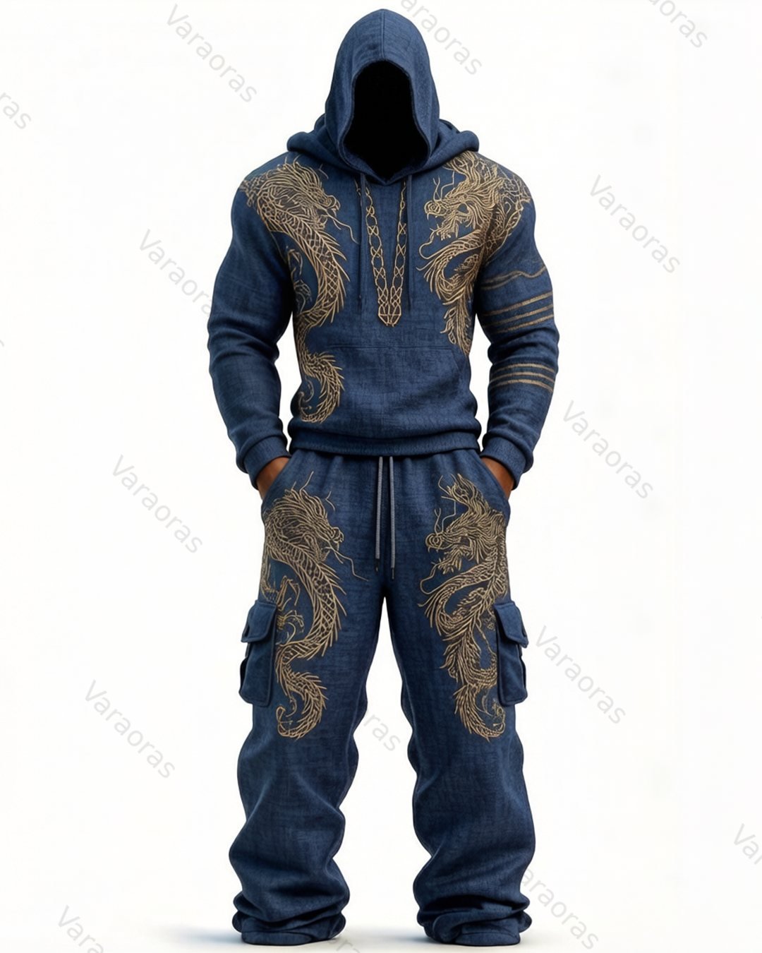 Men's Fashion Viking Contrast Color Embroidered Hoodie & Pants Two-Piece Set 8651
